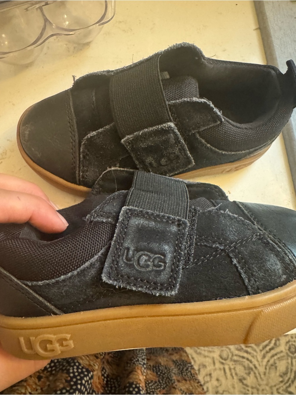 UGG Kids Black Suede Hook-and-Loop Sneakers with Gum Sole